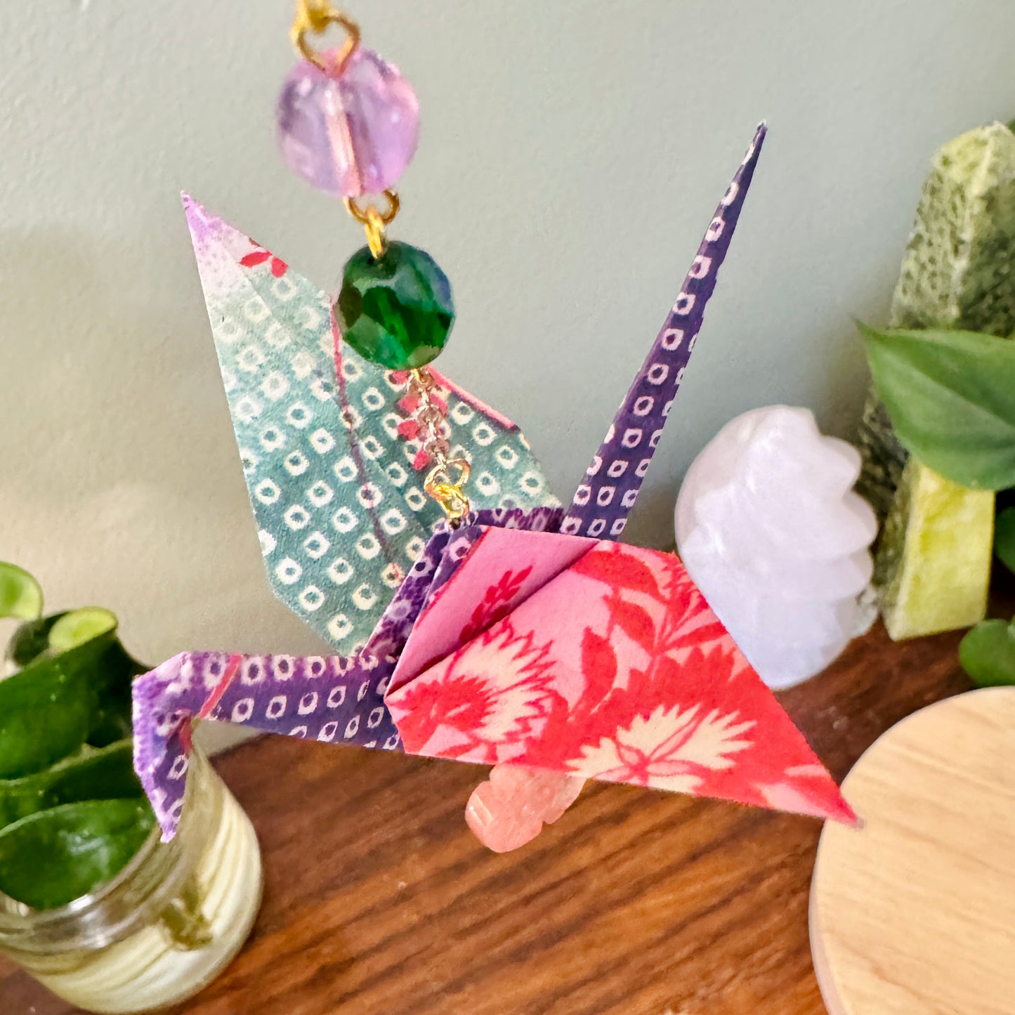 Origami Ornament #2207 - Medium Crane with Stone Beads