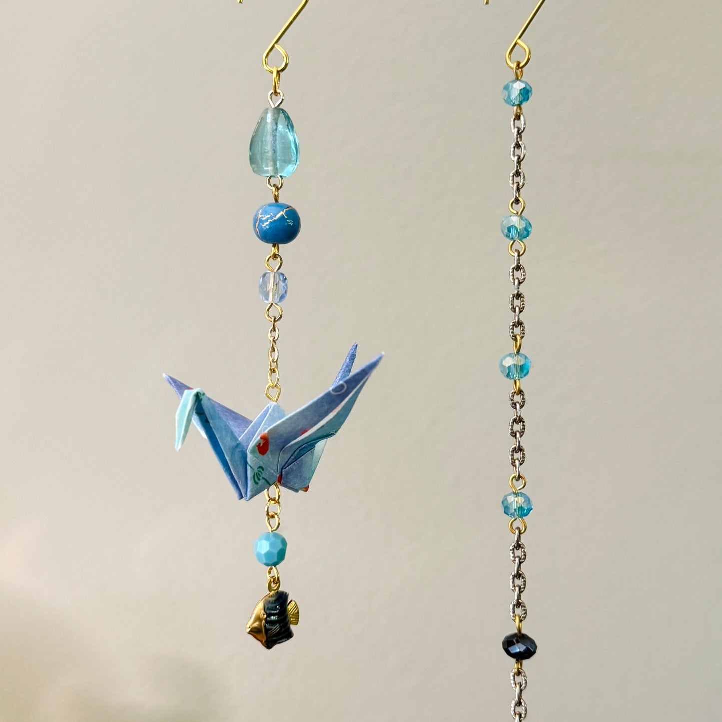 Origami Ornament #2145 - Small Crane with Enamel Fish Charm