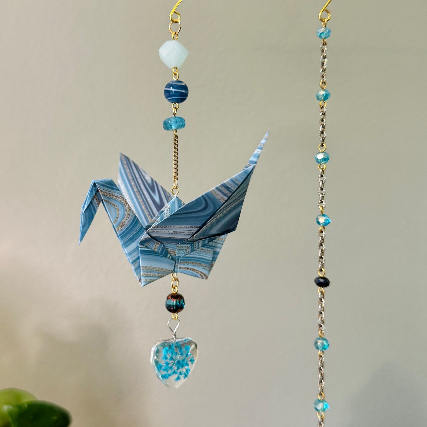 Origami Ornament #2139 - Large Crane with Resin Flower Heart