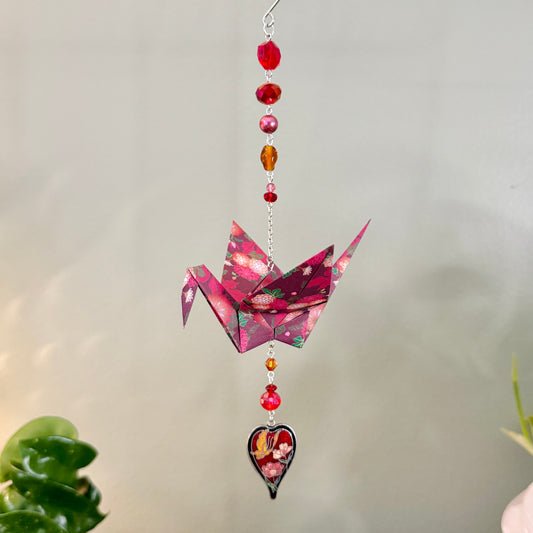 Origami Ornament #2373- Large Crane with Cloissone Heart Pendant