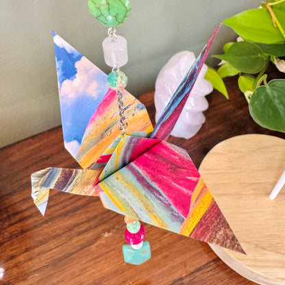 Origami Ornament #2461 - Large Crane with Stone Beads