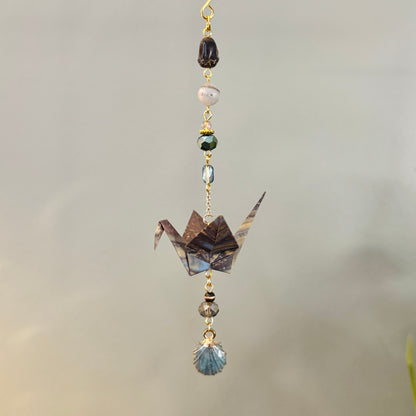Origami Ornament #2377 - Small Crane with Enamel Shell Charm