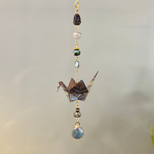Origami Ornament #2377 - Small Crane with Enamel Shell Charm