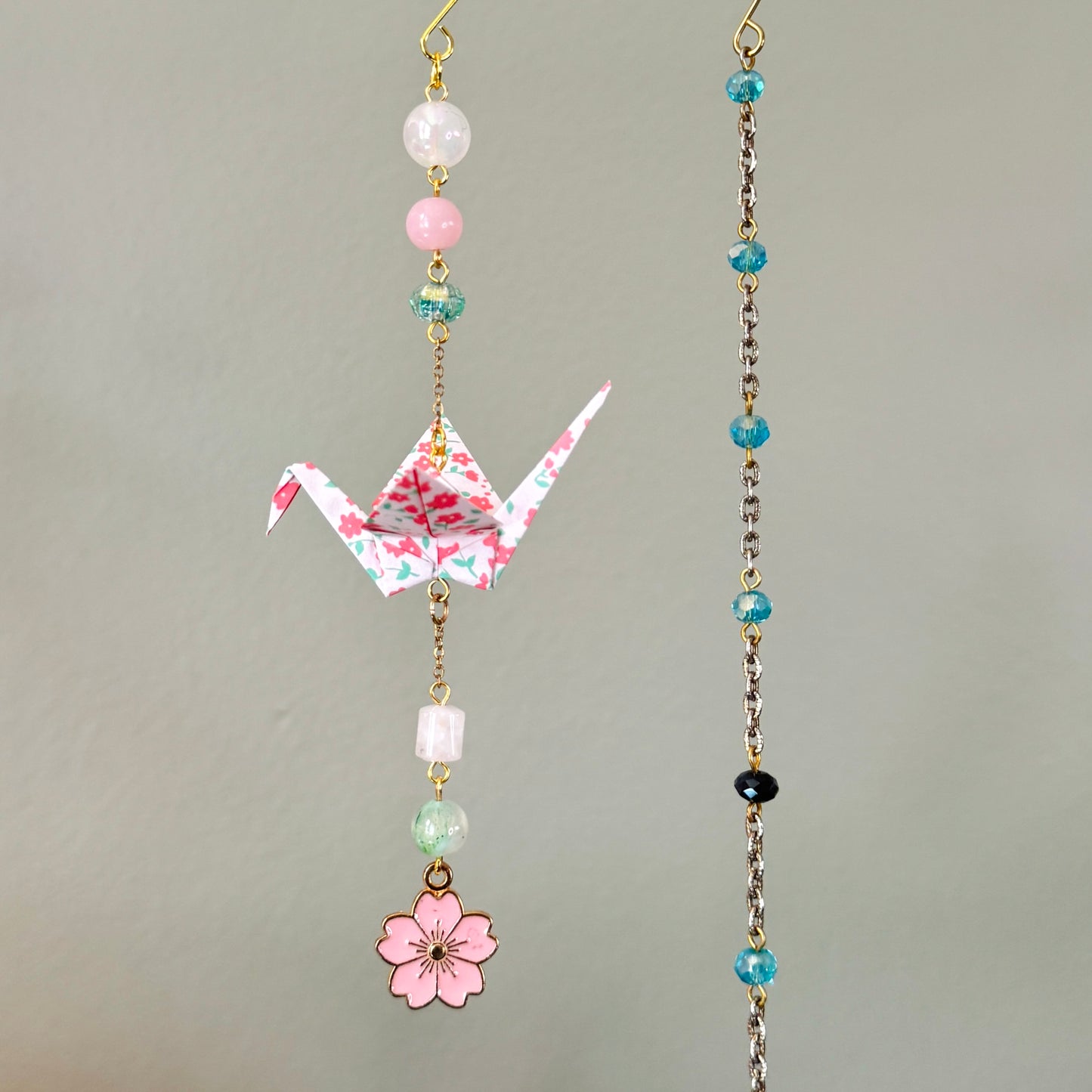 Origami Ornament #2447 - Small Crane with Cherry Blossom Charm