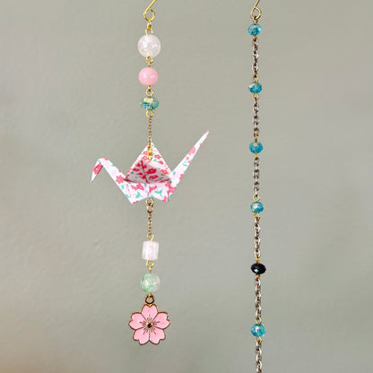 Origami Ornament #2447 - Small Crane with Cherry Blossom Charm