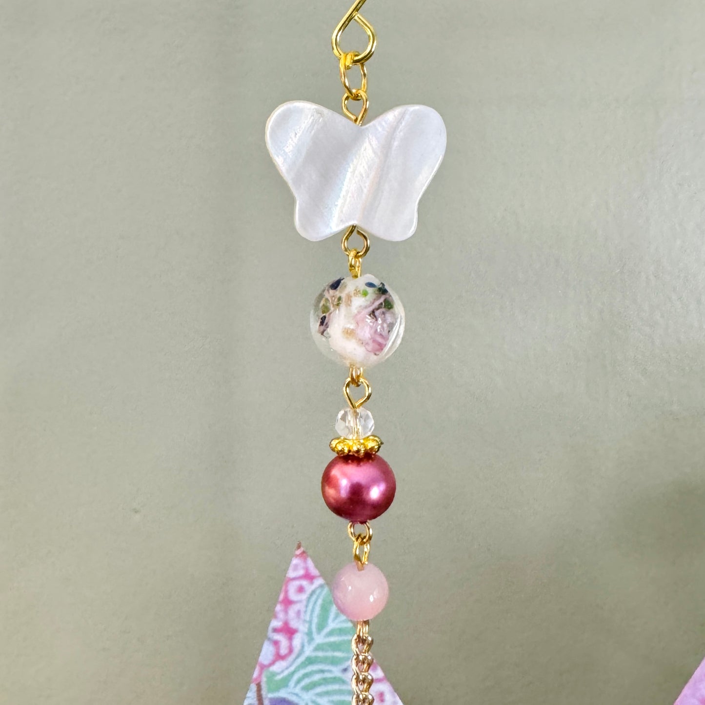 Origami Ornament #2371 - Large Crane with Glass Heart Pendant