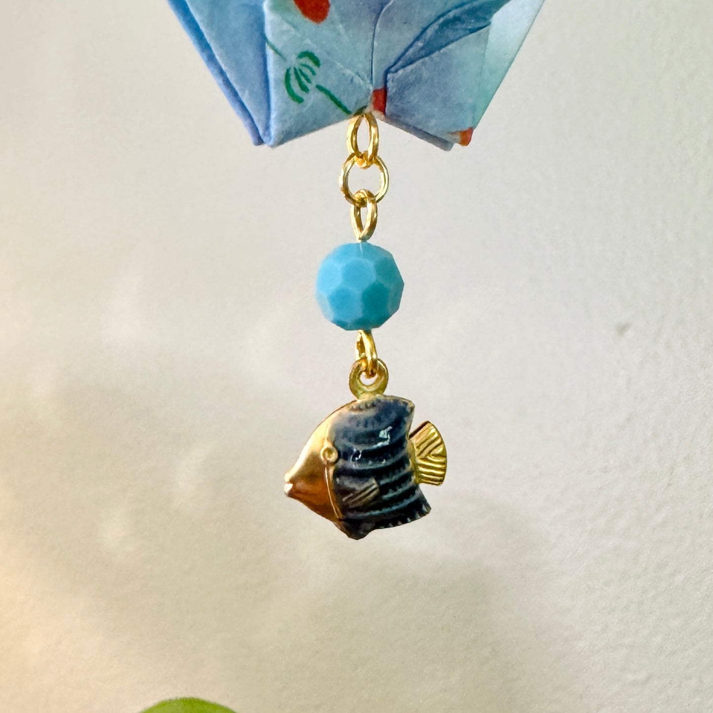 Origami Ornament #2145 - Small Crane with Enamel Fish Charm