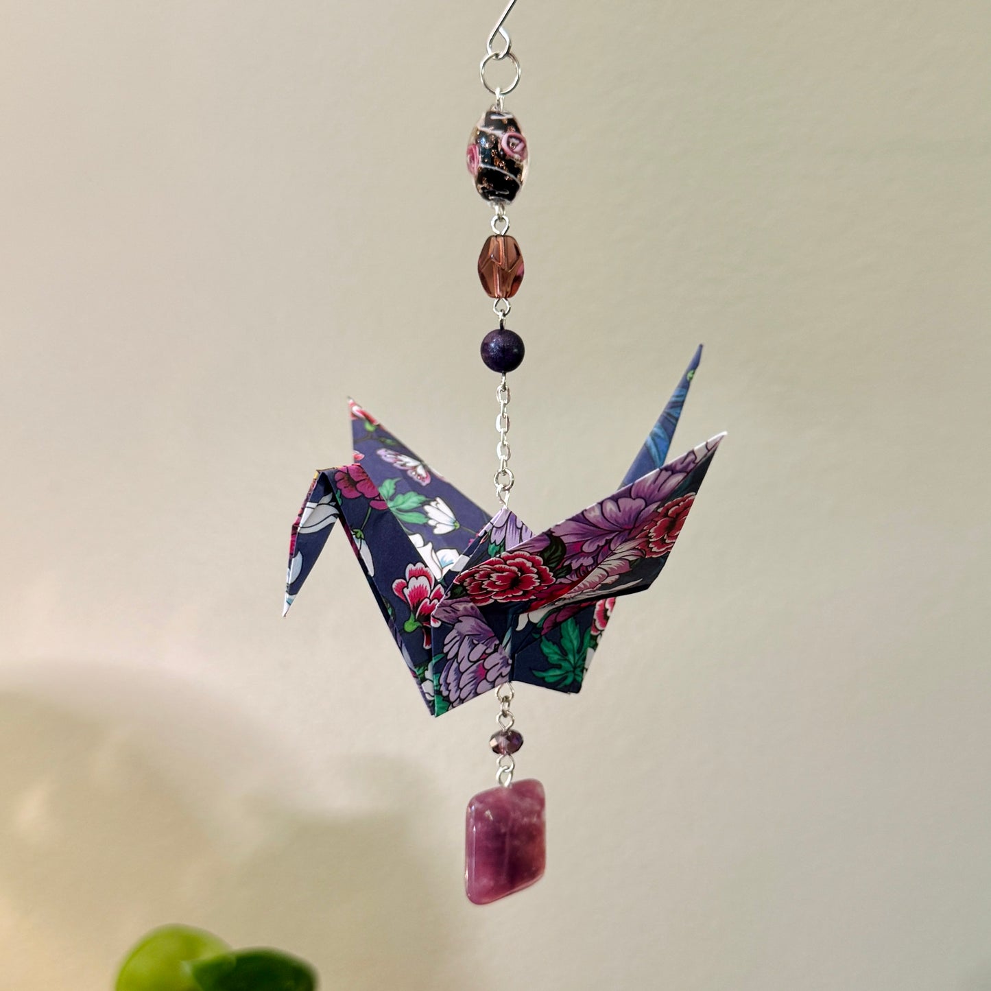 Origami Ornament #2185 - Large Crane with Glass and Stone Beads