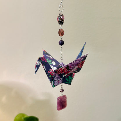 Origami Ornament #2185 - Large Crane with Glass and Stone Beads