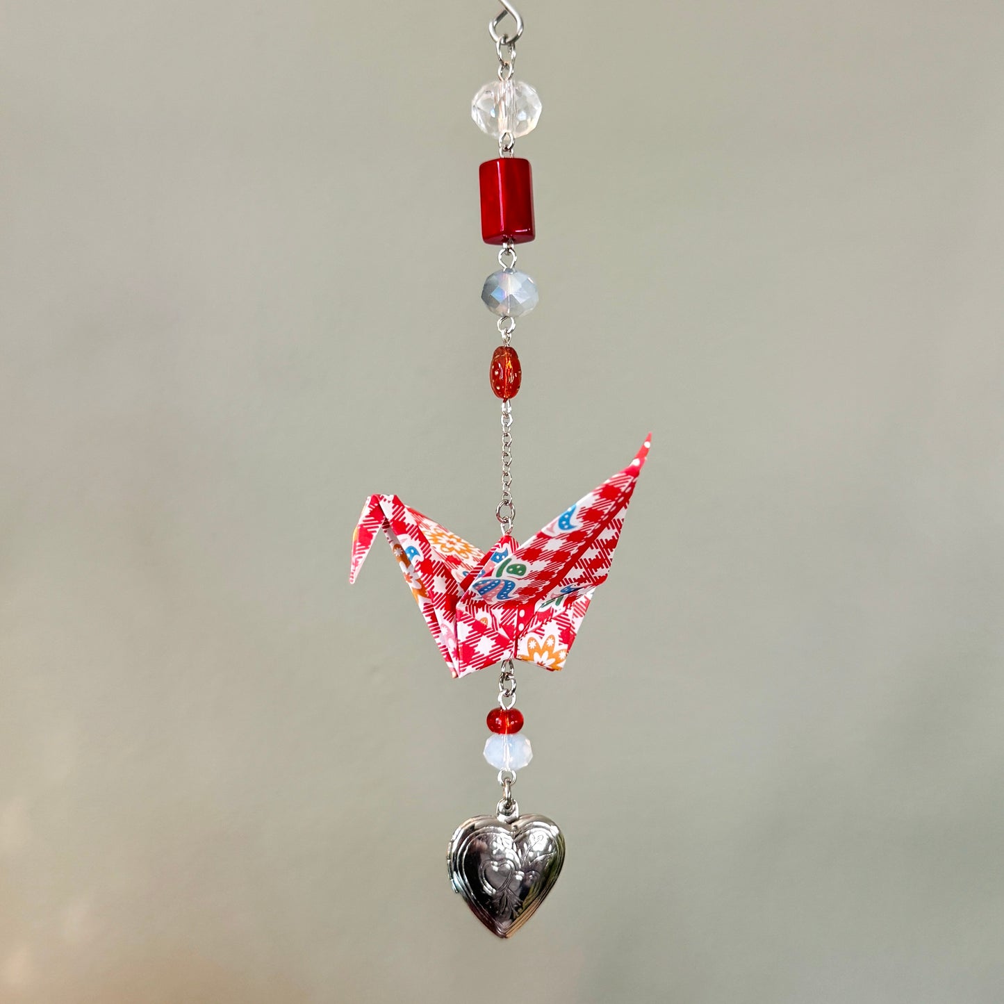 Origami Ornament #2452 - Medium Crane with Heart Locket