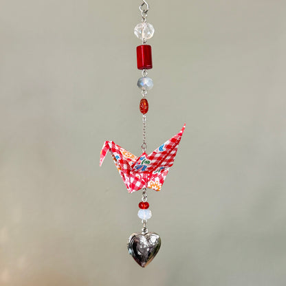 Origami Ornament #2452 - Medium Crane with Heart Locket