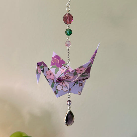 Origami Ornament #2136 - Large Crane with Repurposed Pendant