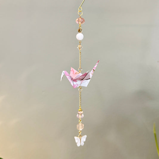 Origami Ornament #2375 - Small Crane with Butterfly Pendant