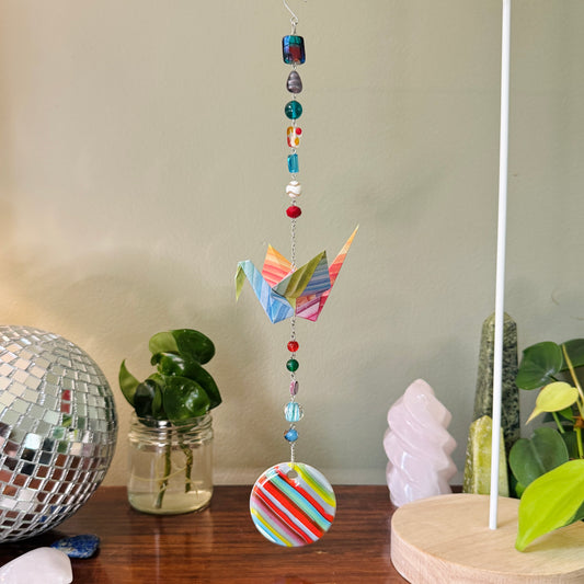 Origami Ornament #2142 - Large Crane with Repurposed Striped Pendant