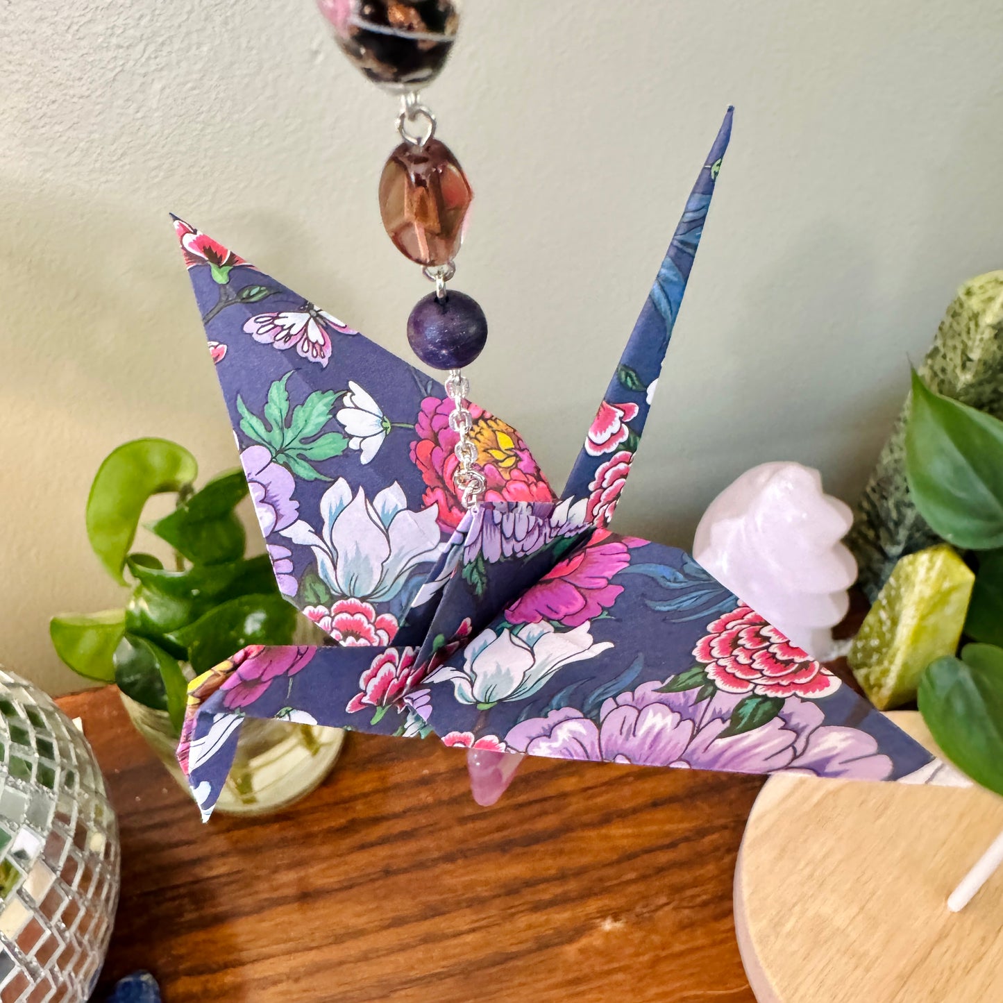 Origami Ornament #2185 - Large Crane with Glass and Stone Beads