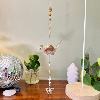 Origami Ornament #2188 - Large Crane with Butterfly Pendant