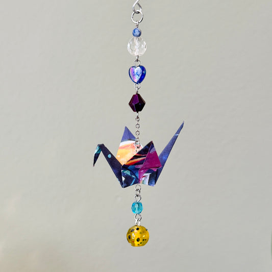 Origami Ornament #2012 - Small Crane with Glass and Plastic Beads