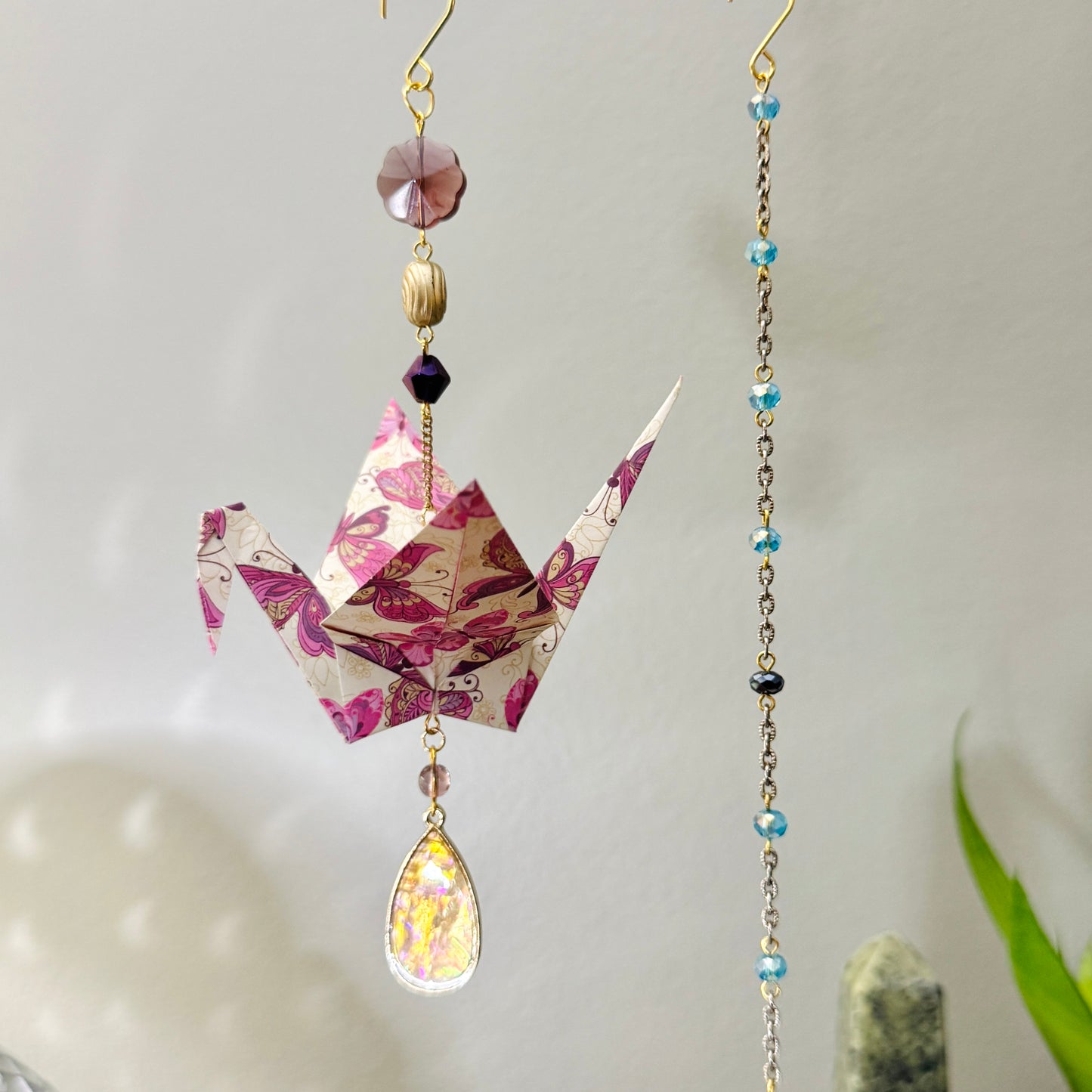 Origami Ornament #2061 - Large Crane with Repurposed Pendant