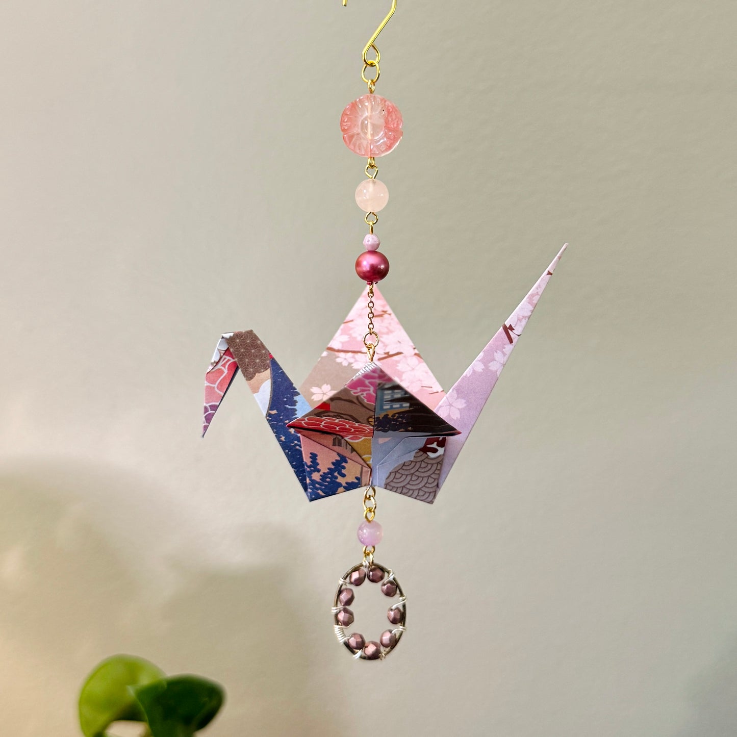 Origami Ornament #2187 - Large Crane with Beaded Pendant