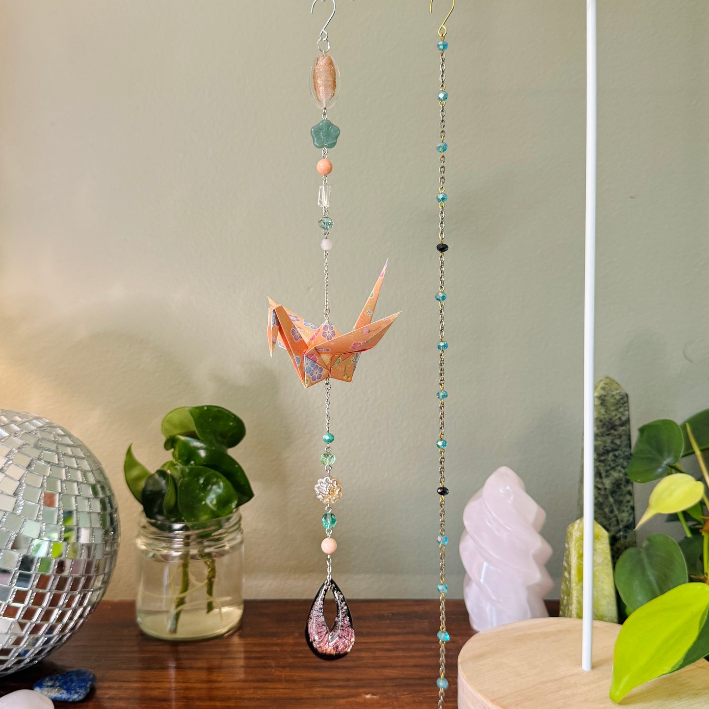 Origami Ornament #2140 - Large Crane with Art Glass Pendant