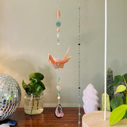Origami Ornament #2140 - Large Crane with Art Glass Pendant