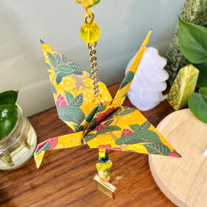 Origami Ornament #2183 - Medium Crane with Pressed Flower Pendant