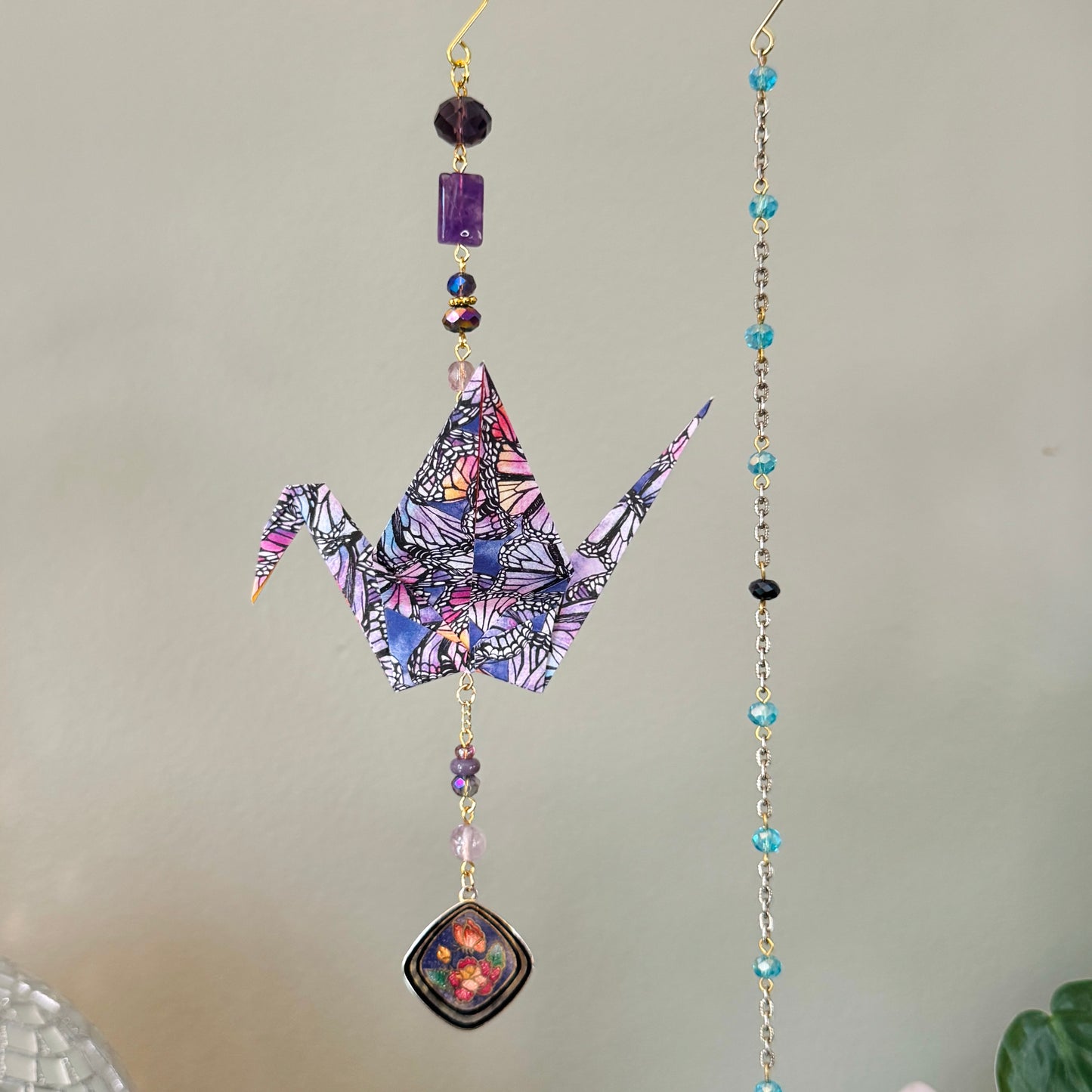 Origami Ornament #2460 - Large Crane with Cloissone Pendant