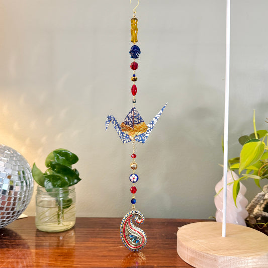 Origami Ornament #2374- Large Crane with Large Paisley Pendant
