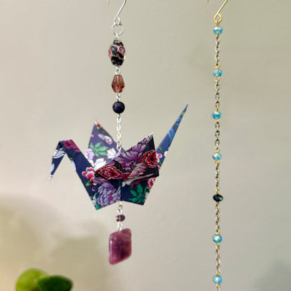 Origami Ornament #2185 - Large Crane with Glass and Stone Beads