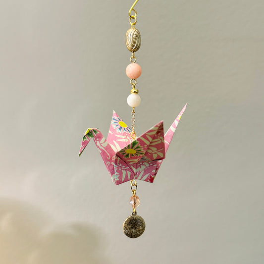 Origami Ornament #2205 - Medium Crane with Repurposed Charm
