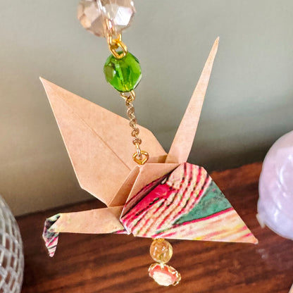 Origami Ornament #2442 - Small Crane with Cameo Charm