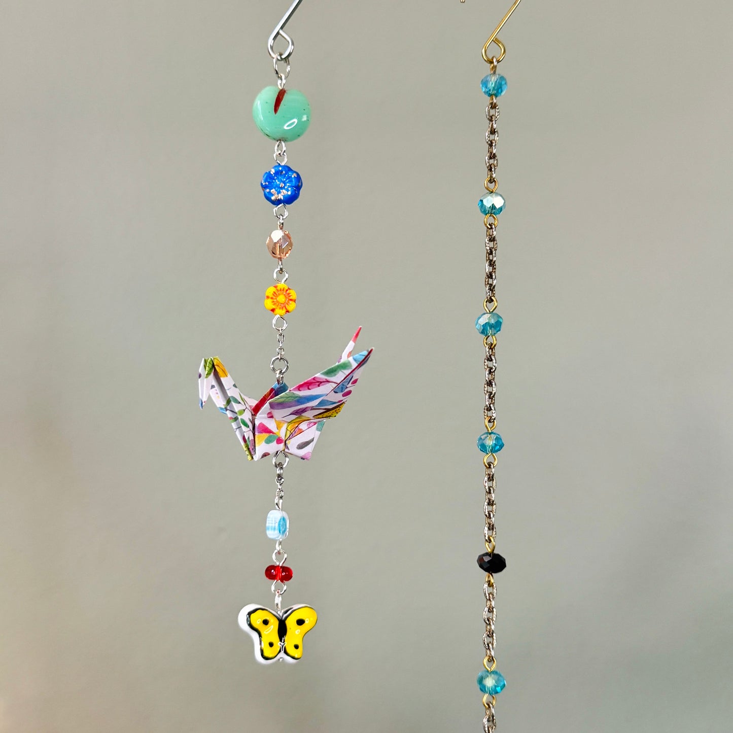 Origami Ornament #2446 - Small Crane with Ceramic Butterfly Bead