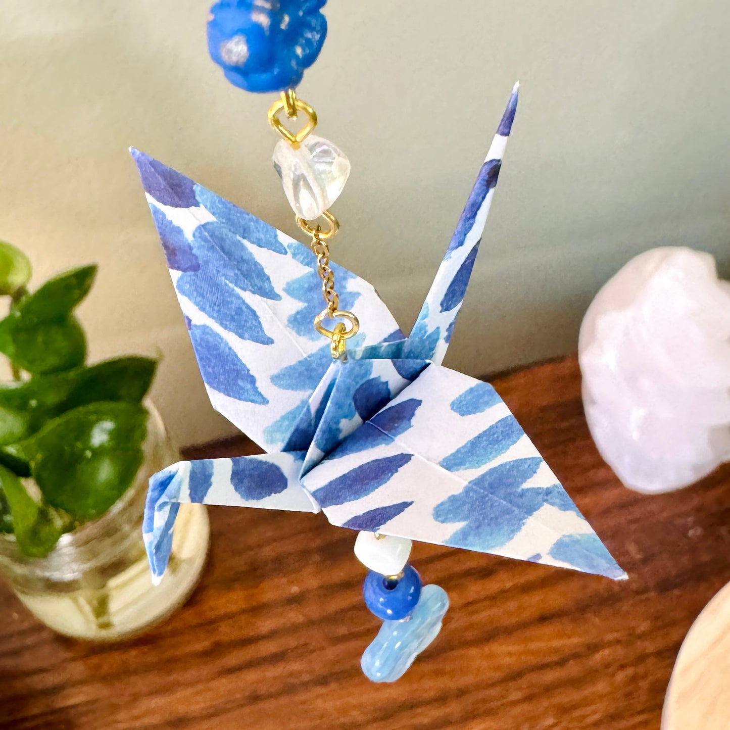 Origami Ornament #2148 - Small Crane with Glass Flower Bead