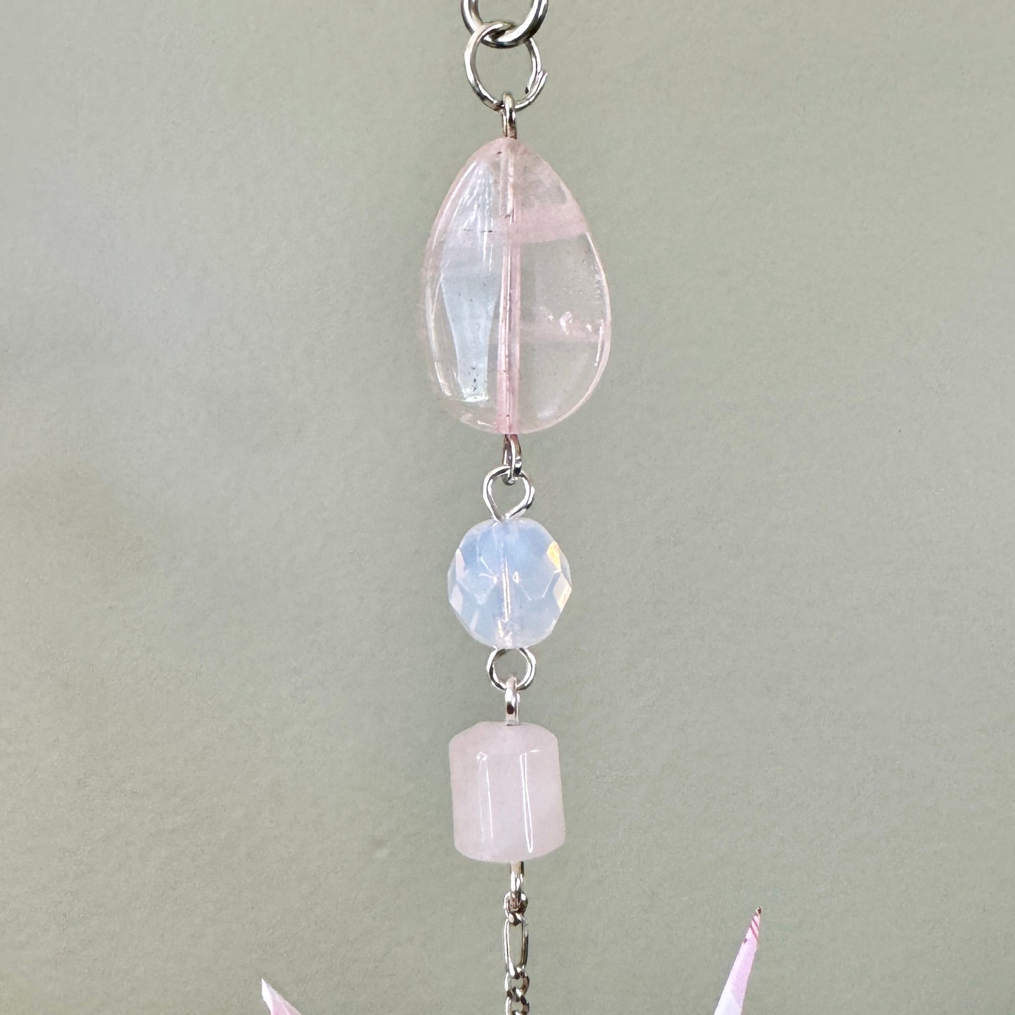 Origami Ornament #2443 - Small Crane with Glass and Rose Quartz Beads