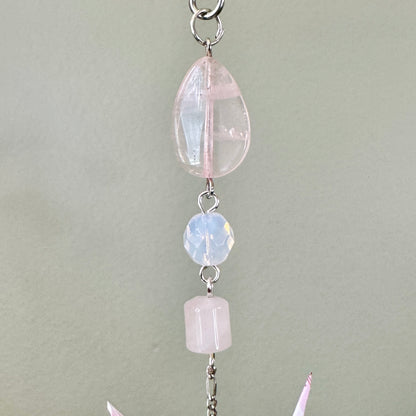 Origami Ornament #2443 - Small Crane with Glass and Rose Quartz Beads