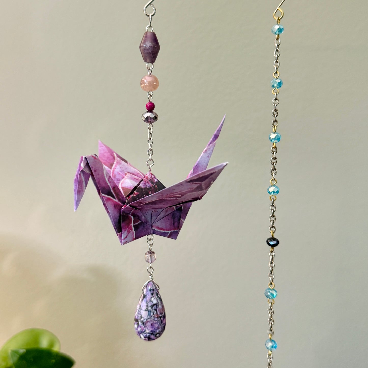 Origami Ornament #2215 - Large Crane with Stone Beads and Pendant