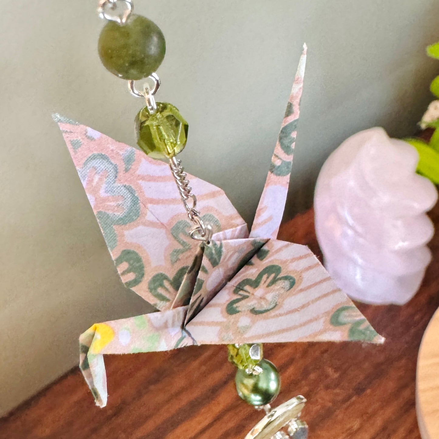 Origami Ornament #2449 - Small Crane with Repurposed Jewelry