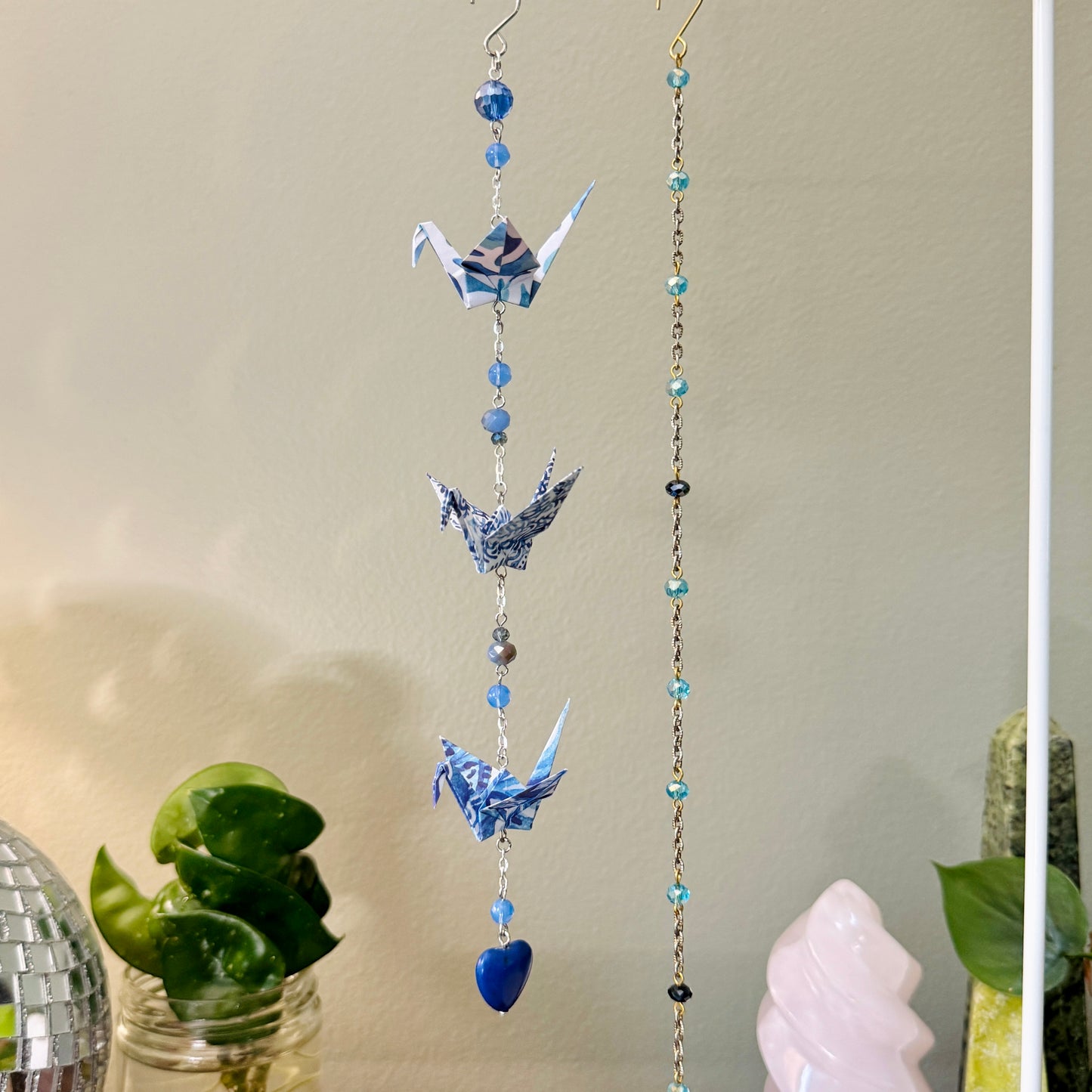 Origami Ornament #2209 - Triple Small Crane with Blue Stone Heart