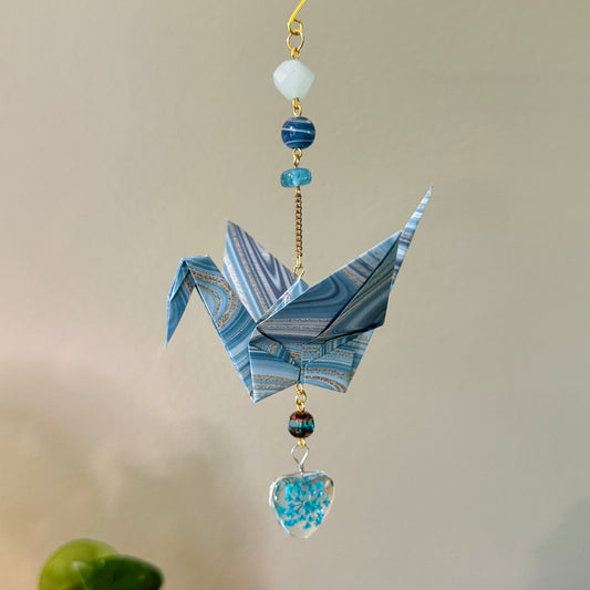 Origami Ornament #2139 - Large Crane with Resin Flower Heart