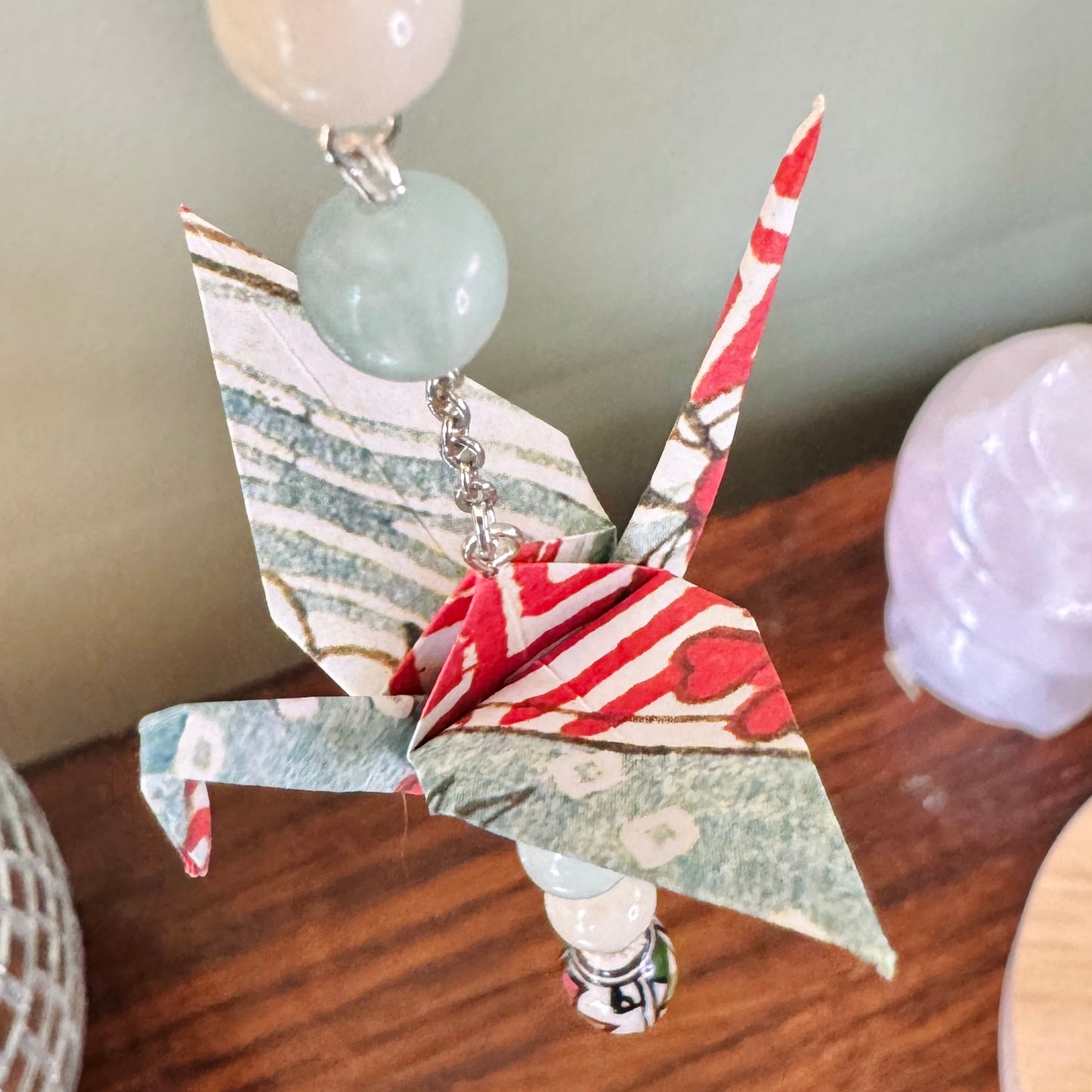 Origami Ornament #2444 - Small Crane with Stone and Ceramic Beads