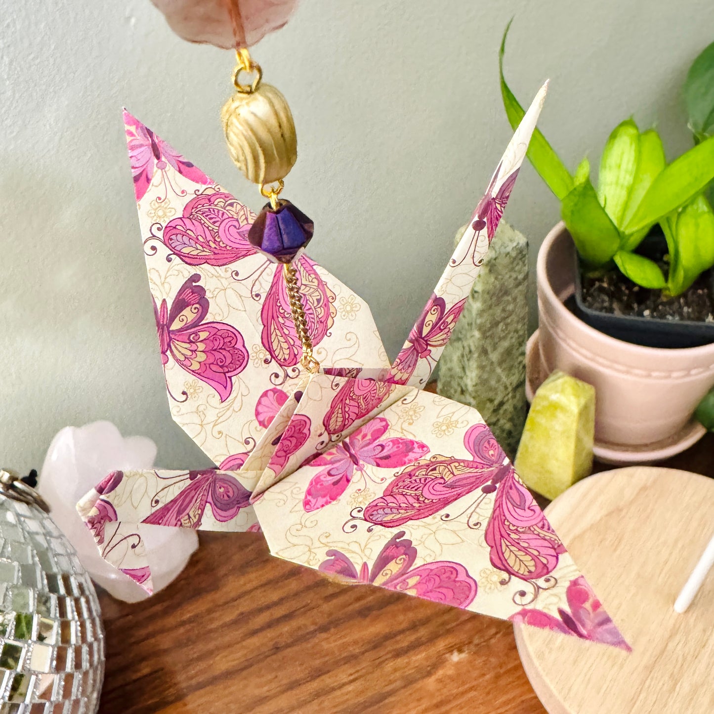 Origami Ornament #2061 - Large Crane with Repurposed Pendant
