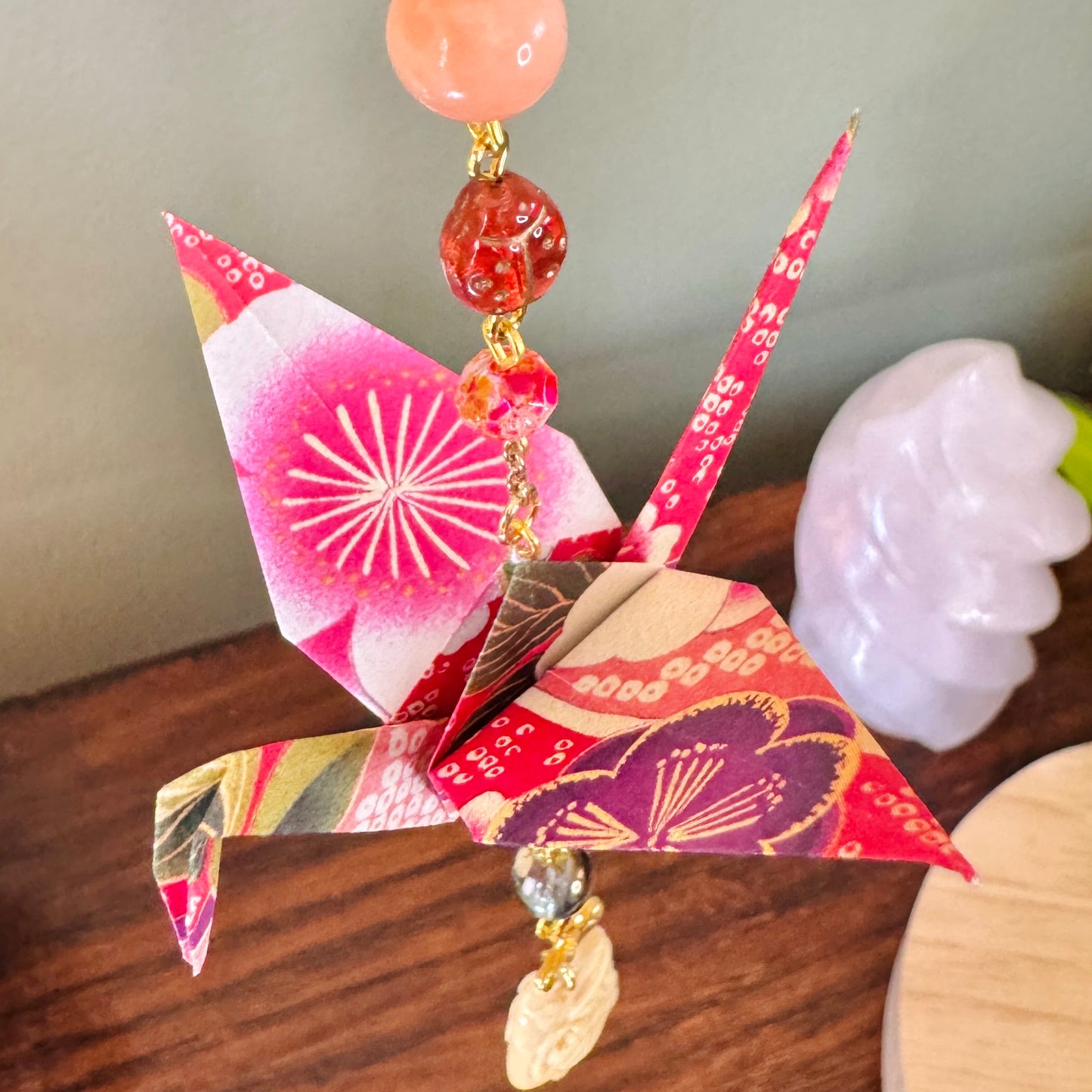 Origami Ornament #2457 - Medium Crane with Repurposed Pendant