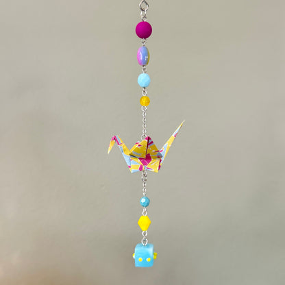 Origami Ornament #2448 - Small Crane with Glass and Silicone Beads