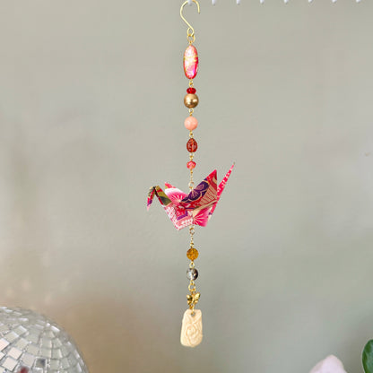 Origami Ornament #2457 - Medium Crane with Repurposed Pendant