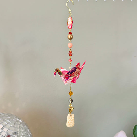 Origami Ornament #2457 - Medium Crane with Repurposed Pendant