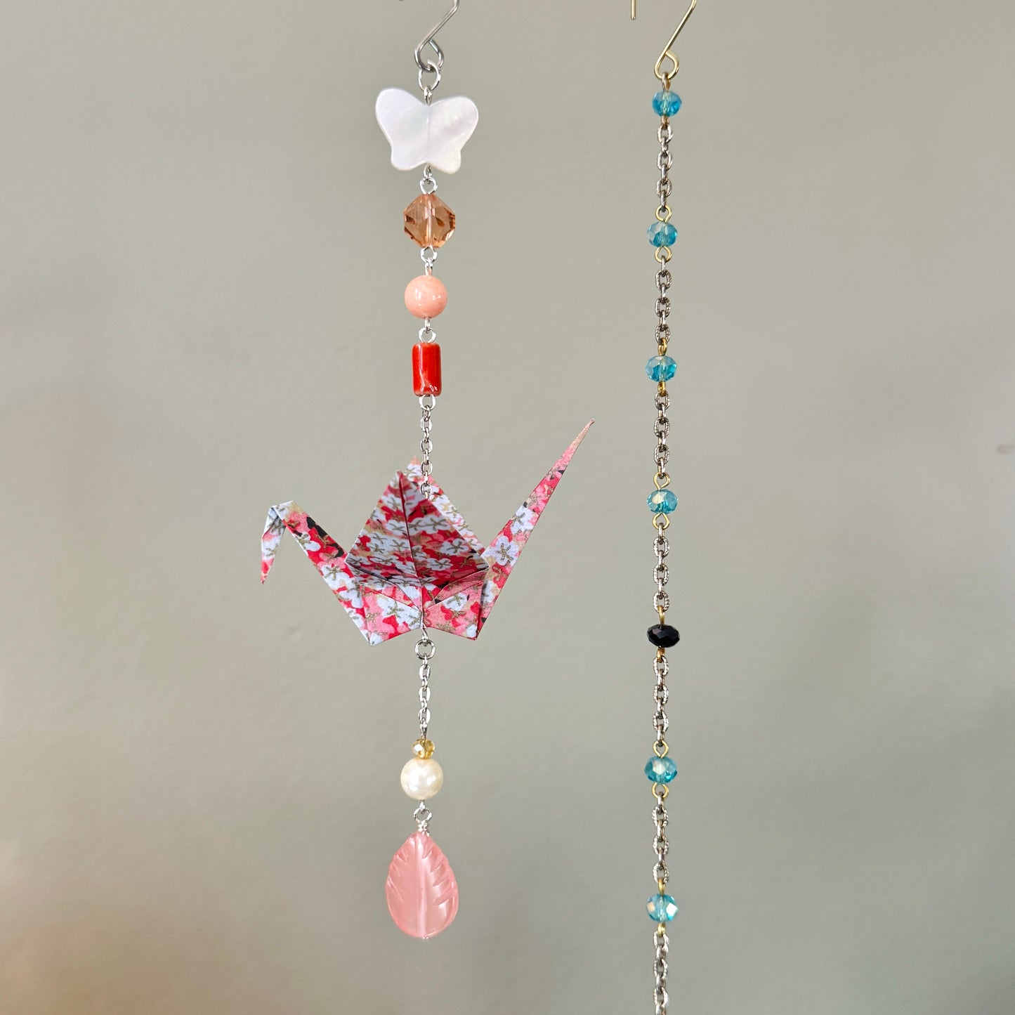 Origami Ornament #2456 - Medium Crane with Repurposed Beads