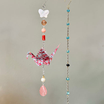 Origami Ornament #2456 - Medium Crane with Repurposed Beads