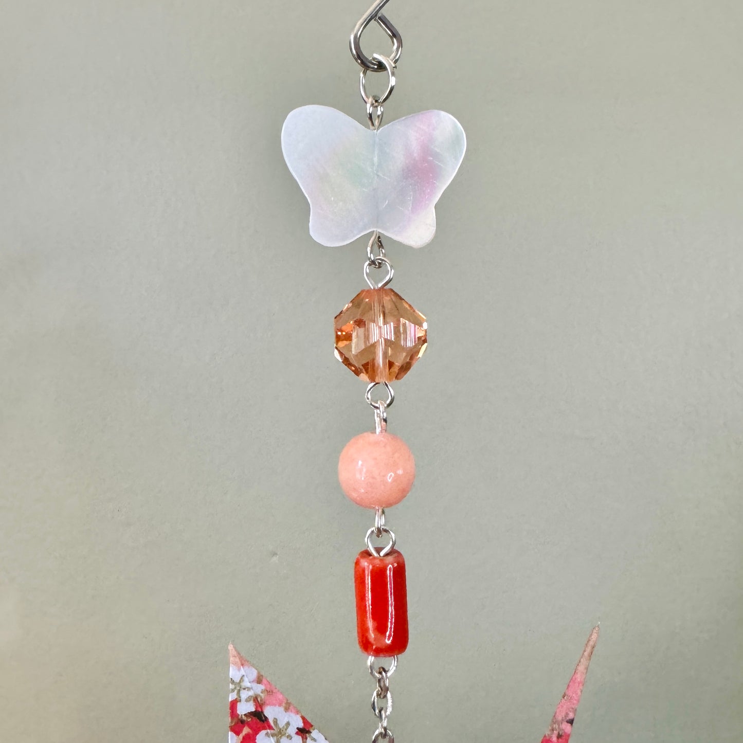 Origami Ornament #2456 - Medium Crane with Repurposed Beads