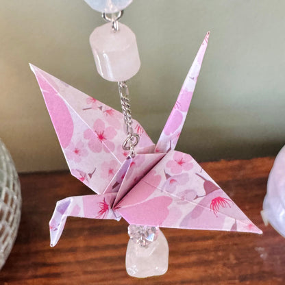 Origami Ornament #2443 - Small Crane with Glass and Rose Quartz Beads