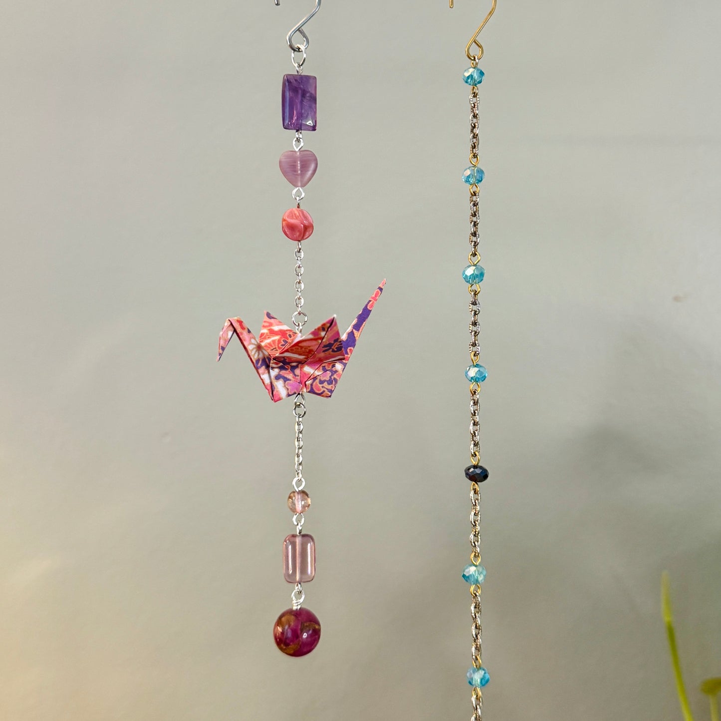 Origami Ornament #2376 - Small Crane with Stone and Glass Beads